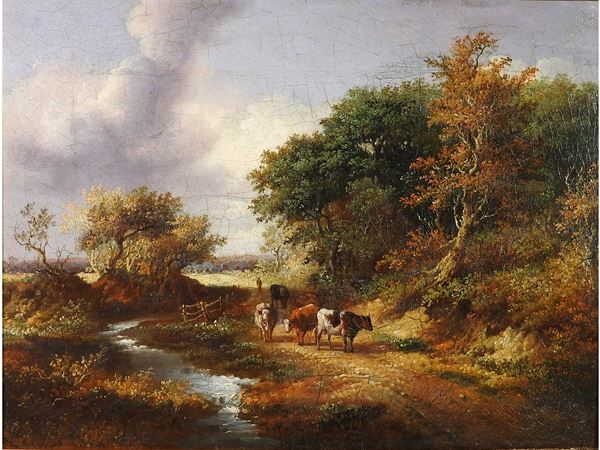 Barend Cornelis Koekkoek attribuito (1803-1862) - Paesaggio fluviale con armenti