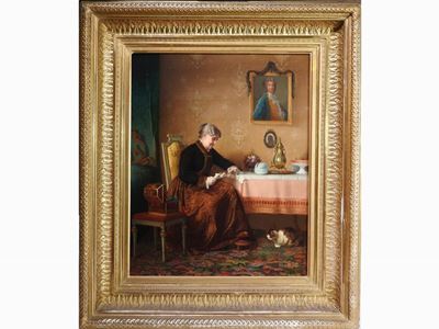 Veduta D'interno con Figura Femminile e Gatto