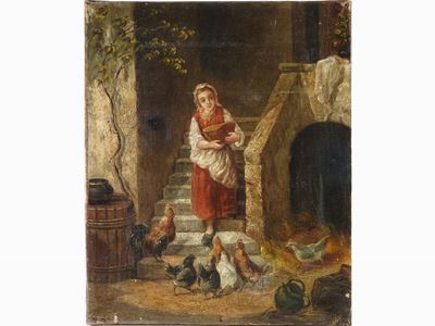 Scorcio di Cortile con Bambina e Galline