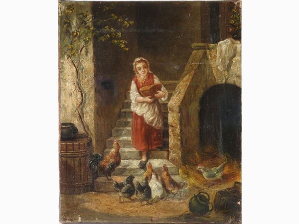 View of a Courtyard with Girl and Chickens