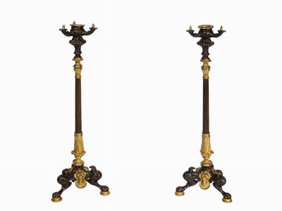 Coppia di Candelieri in Bronzo Dorato e Brunito