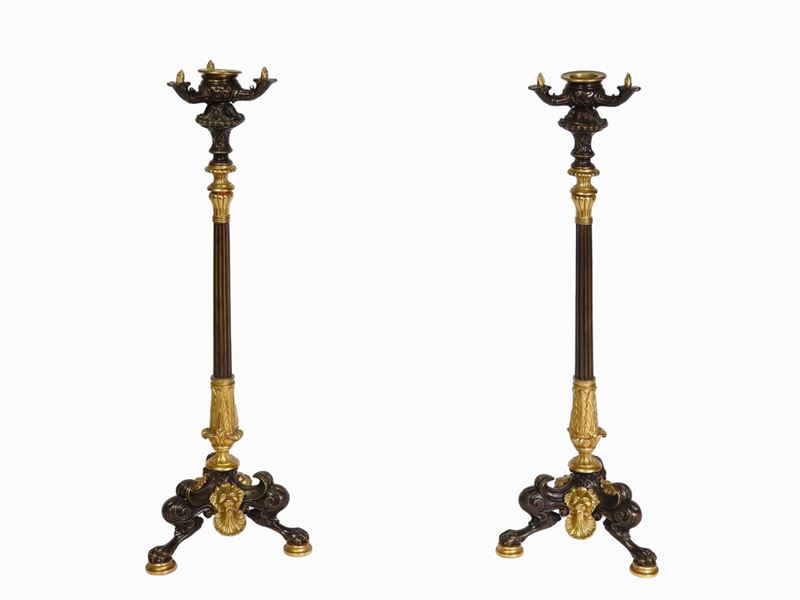 Coppia di Candelieri in Bronzo Dorato e Brunito