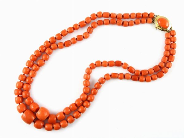 Two strands faceted orange red coral necklace
