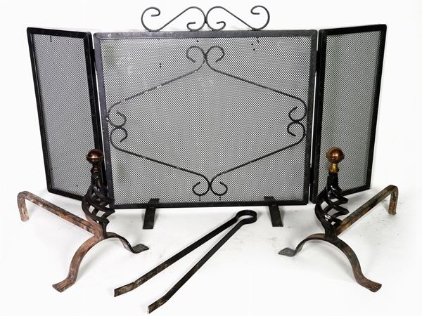 A Black Lacquered Metal Fireplace Set