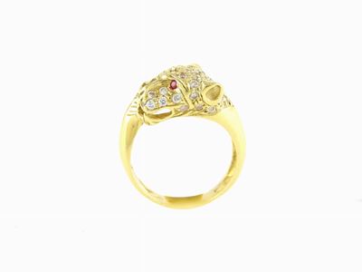 Anello Animalier in Oro Giallo, Pietre Incolori e Rubini