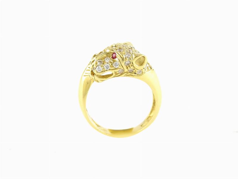 Anello Animalier in Oro Giallo, Pietre Incolori e Rubini