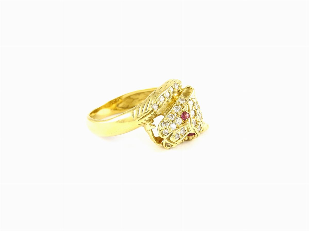 Anello Animalier in Oro Giallo, Pietre Incolori e Rubini