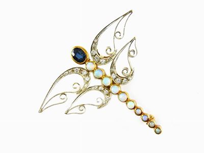 Spilla Animalier in Oro Giallo e Bianco con Zaffiro, Opali Arlecchino e Diamanti