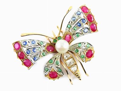 Spilla Animalier in Oro Giallo e Bianco con Diamanti, Perla Akoya, Rubini, Zaffiri e Smeraldi