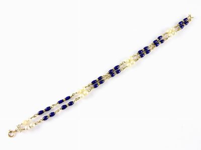 Bracciale a Due File in Oro Giallo, Smalto Blu e Perle Coltivate Akoya