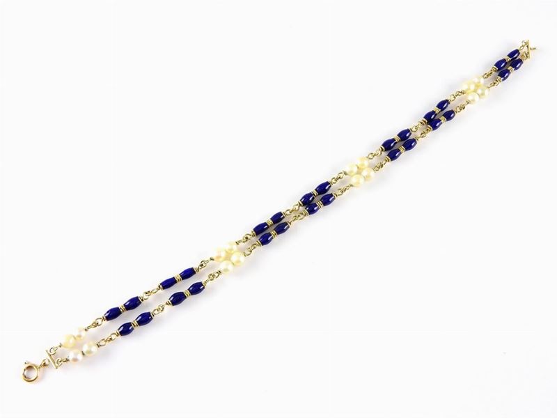 Bracciale a Due File in Oro Giallo, Smalto Blu e Perle Coltivate Akoya