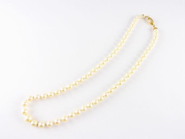 Collana scalare di perle coltivate Akoya con fermezza in oro giallo  - Asta Orologi e Gioielli - I - I - Maison Bibelot - Casa d'Aste Firenze - Milano