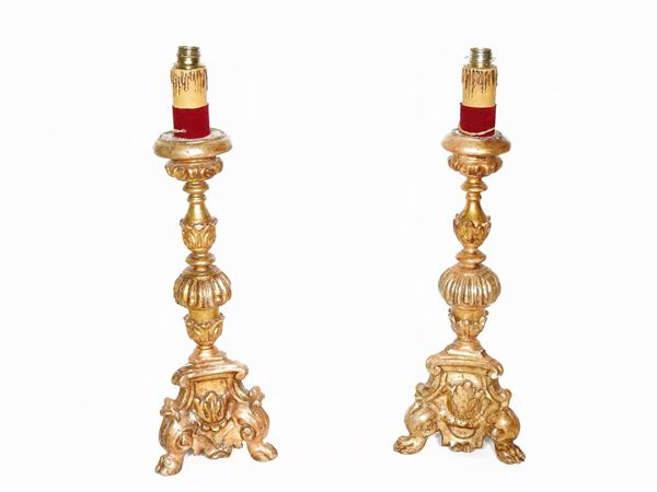 A Pair of Giltwood Prickets Converted Into Lamps