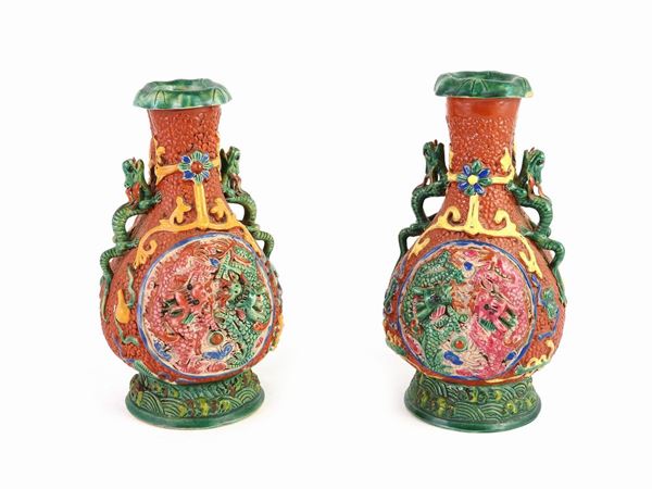 A Pair of Polychrome Gres Vases