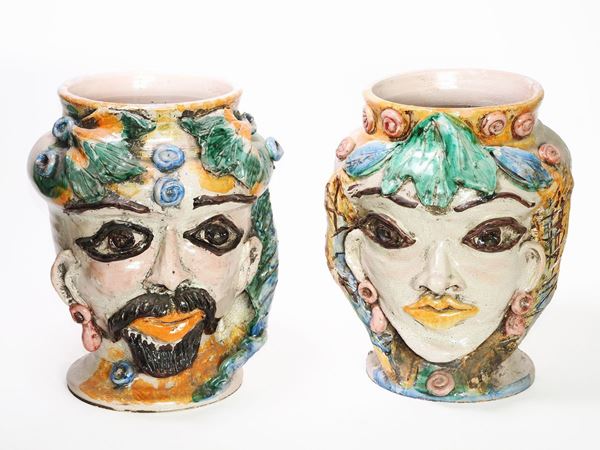 Two Caltagirone Polychrome Ceramic Figural Vases