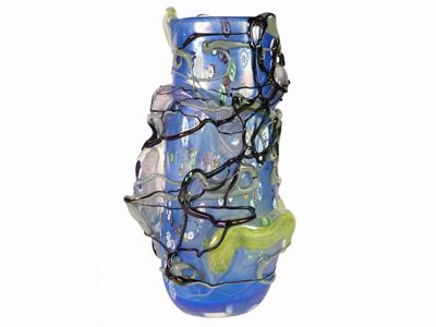 Grande Vaso-scultura in Vetro Soffiato Celeste Opalescente