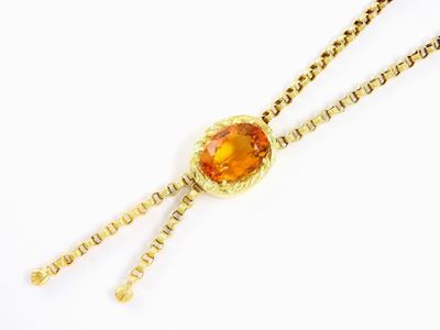 Collier in Oro Giallo a Maglia Rolò Tonda, Pendente Centrale Scorrevole con Quarzo Arancio