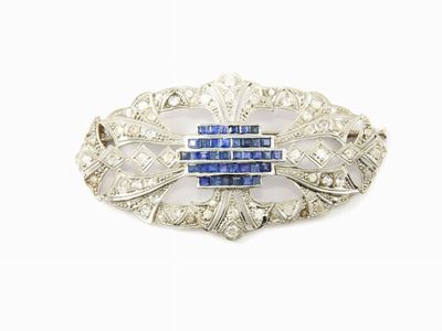 Spilla in Oro Bianco, Diamanti e Zaffiri