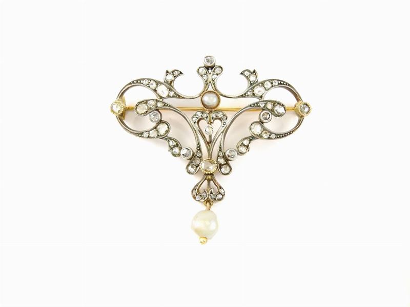 Spilla Liberty in Oro Giallo e Argento con Diamanti e Perle