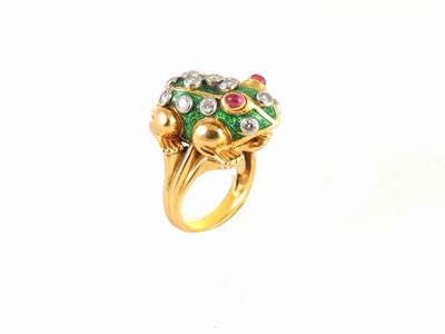 Anello Animalier David Webb in Oro Giallo e Platino, Smalto, Diamanti e Rubini