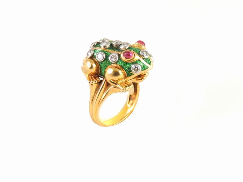 Anello Animalier David Webb in Oro Giallo e Platino, Smalto, Diamanti e Rubini