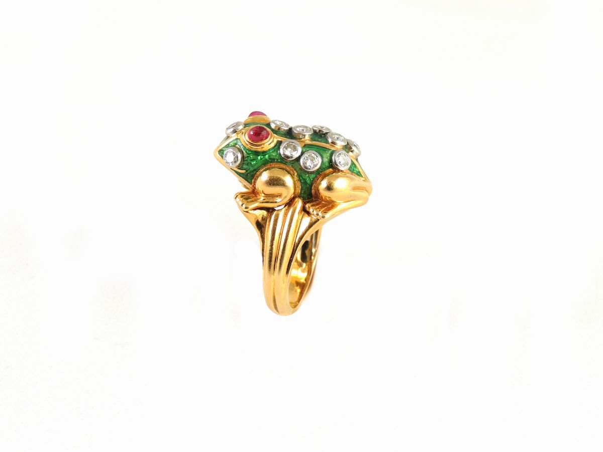 Anello Animalier David Webb in Oro Giallo e Platino, Smalto, Diamanti e Rubini