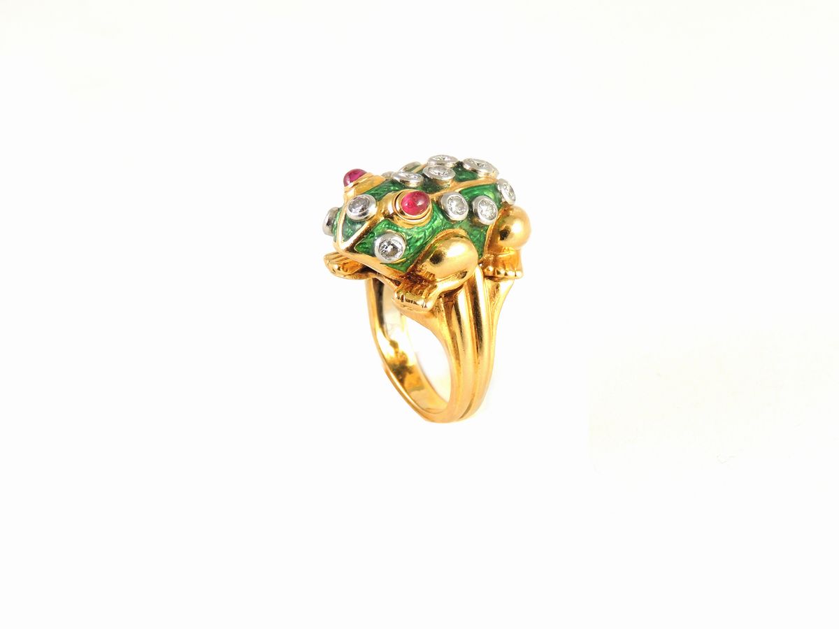 Anello Animalier David Webb in Oro Giallo e Platino, Smalto, Diamanti e Rubini