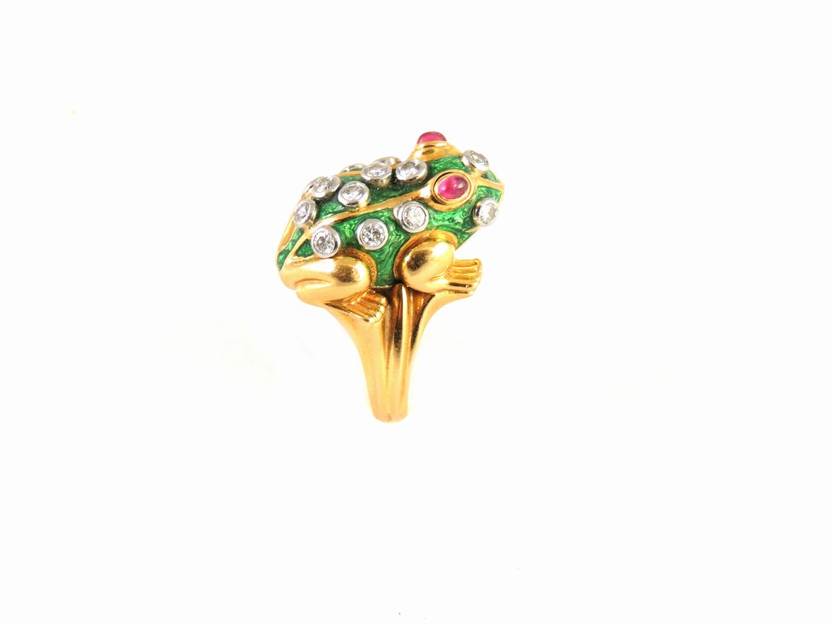 Anello Animalier David Webb in Oro Giallo e Platino, Smalto, Diamanti e Rubini