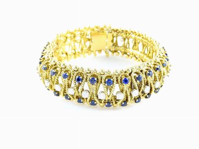 Bracciale Orologio Cartier in Oro Giallo a Maglia Morbida, Diamanti e Zaffiri