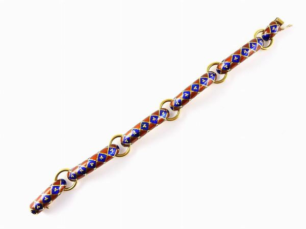 Yellow gold bandy panels bracelet with multicoloured enamels
