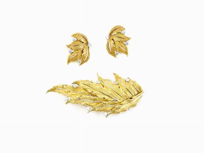 Demi Parure Mario Buccellati Spilla ed Orecchini in Oro Giallo e Bianco con Diamanti