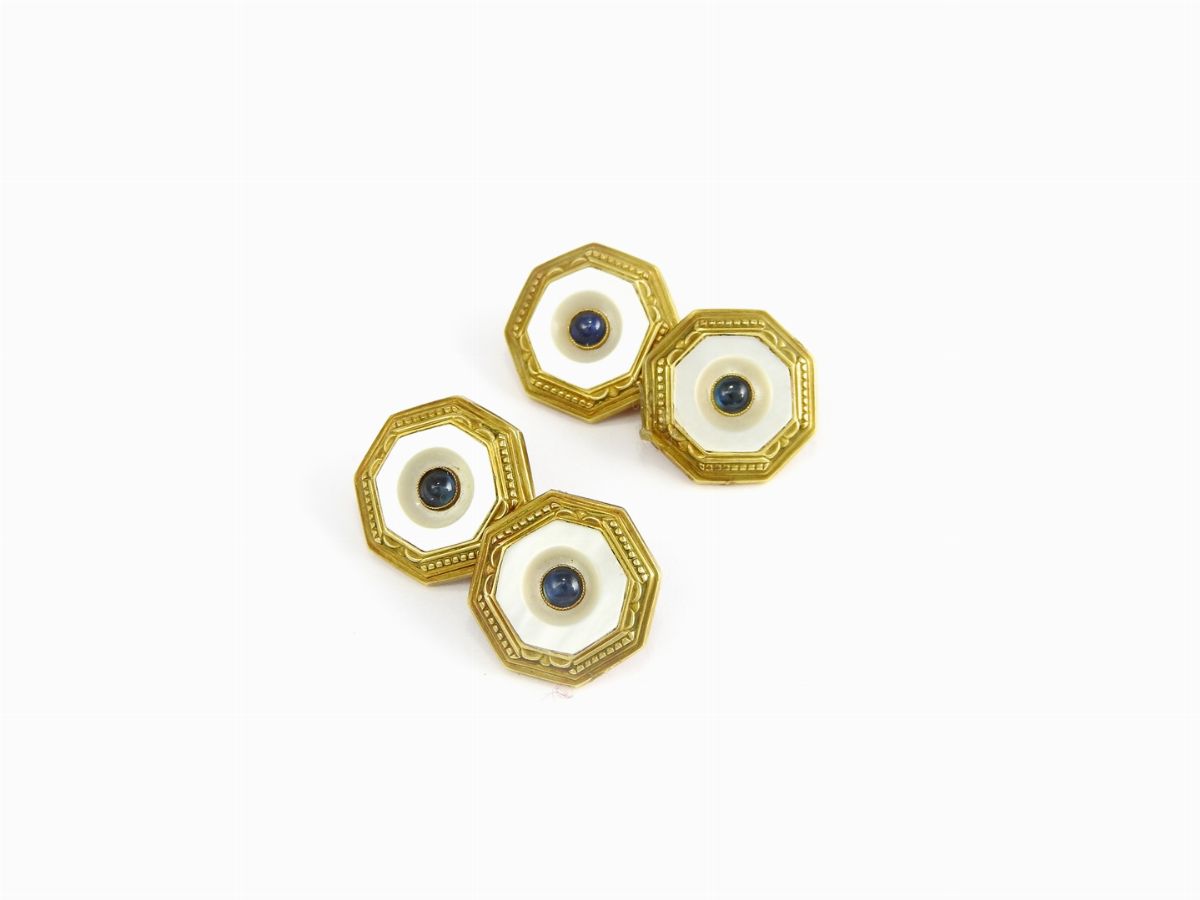 Gemelli in Oro Giallo 585/1000, Madreperla e Zaffiri