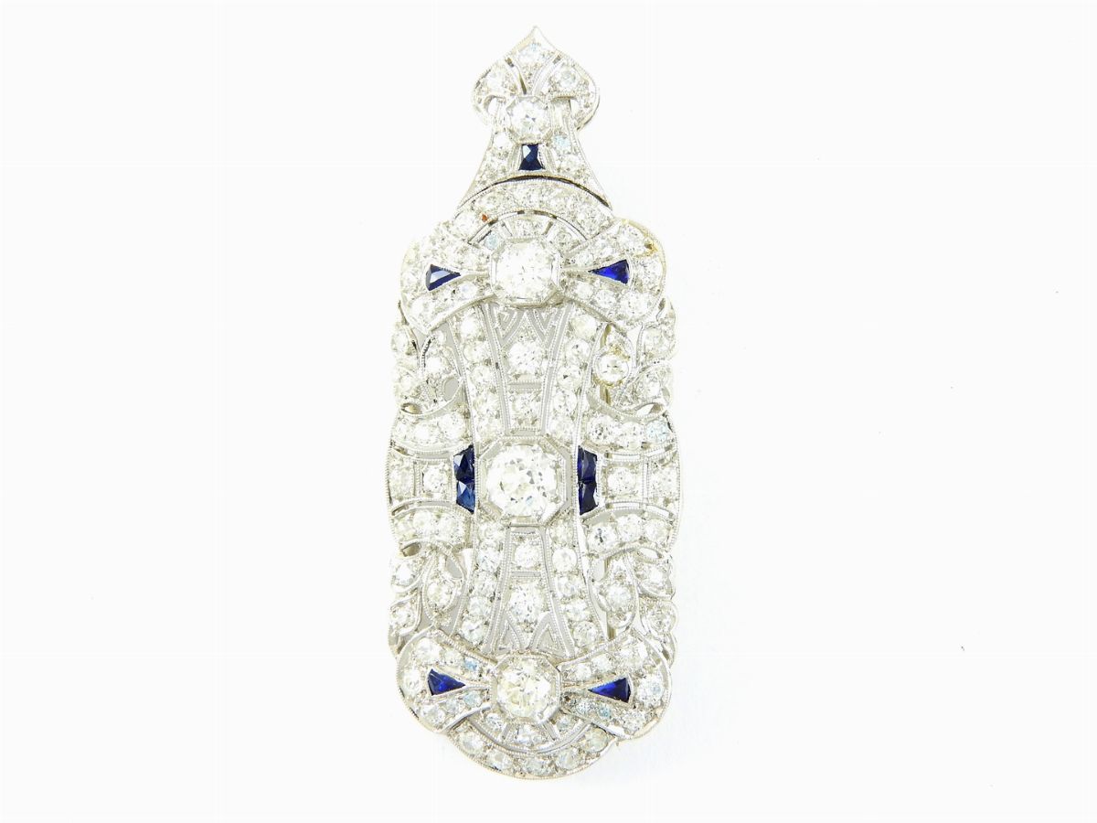 Spilla/pendente Scomponibile in Oro Bianco, Diamanti e Zaffiri
