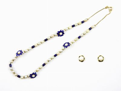 Demi Parure Collana e Orecchini in Oro Giallo, Smalto Blu e Perle Coltivate Akoya