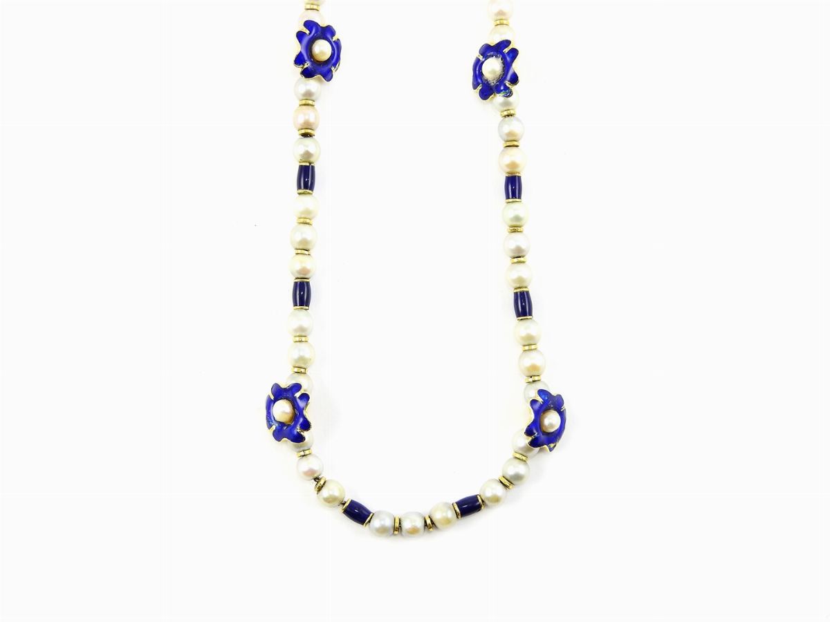 Demi Parure Collana e Orecchini in Oro Giallo, Smalto Blu e Perle Coltivate Akoya