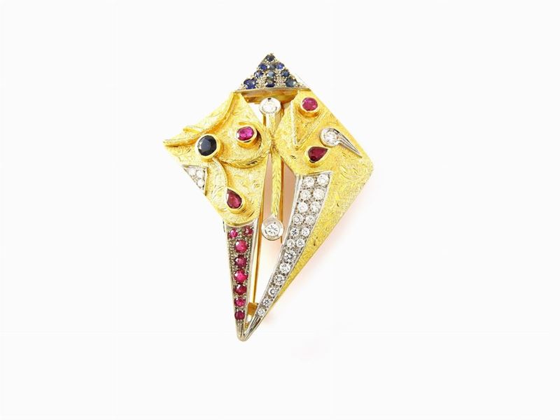 Spilla di Design in Oro Giallo e Bianco con Diamanti, Rubini e Zaffiri