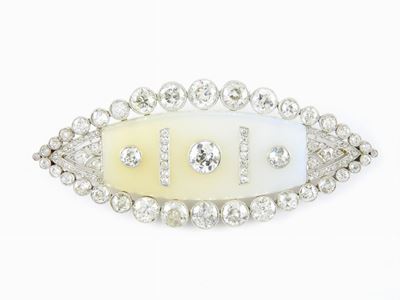 Spilla in Oro Bianco, Diamanti e Agata Grigia