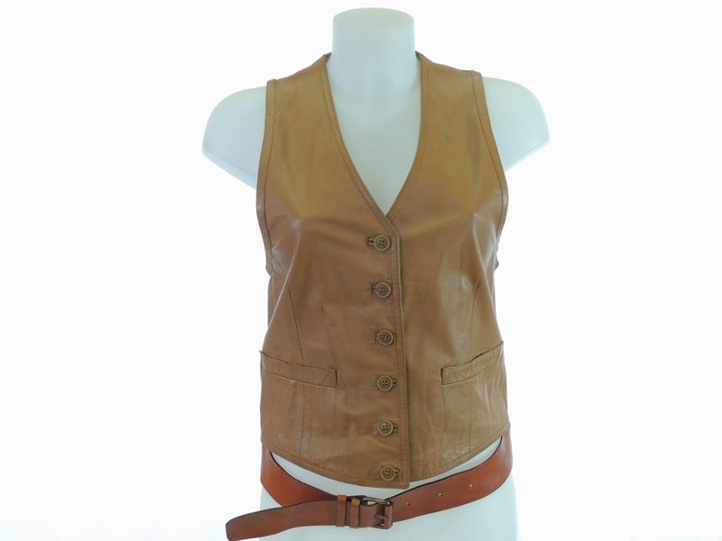 Gilet in Pelle Color Cuoio, Giorgio Armani