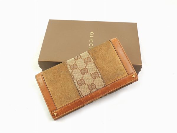 Brown suede and monogram canvas wallet, Gucci