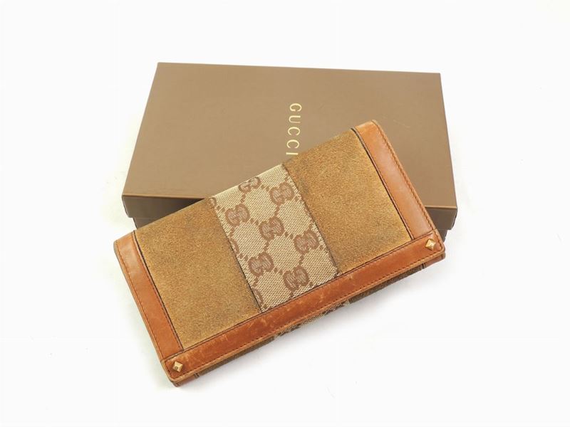 Portafoglio in Camoscio Marrone e Tela Monogram, Gucci