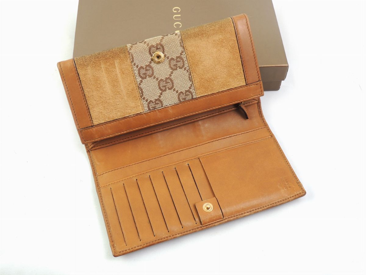 Portafoglio in Camoscio Marrone e Tela Monogram, Gucci