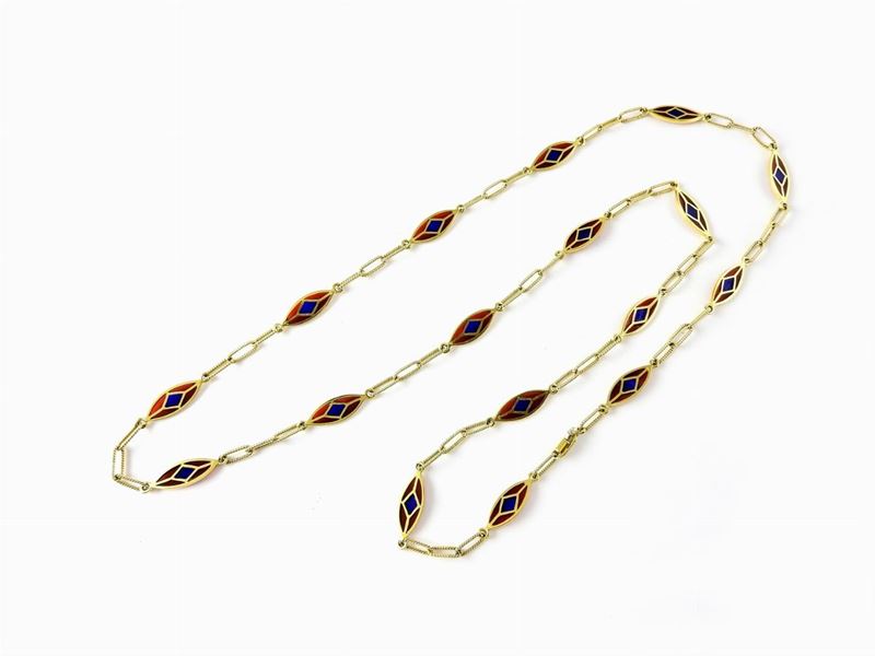 Collana in Oro Giallo e Smalti Policromi Lavorati a Giorno