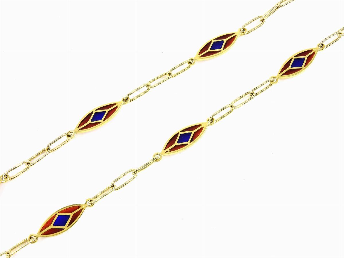 Collana in Oro Giallo e Smalti Policromi Lavorati a Giorno