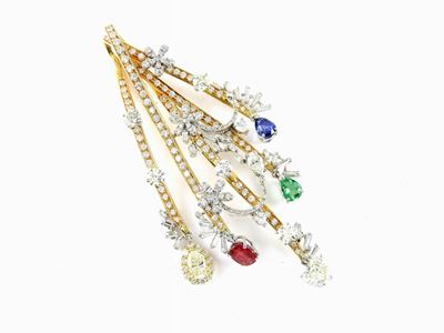 Pendente in Oro Rosa e Bianco con Diamanti, Rubino, Zaffiro e Smeraldo
