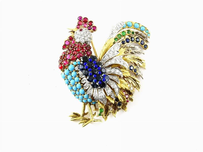Spilla Animalier Abate in Oro Giallo e Platino con Diamanti, Rubini, Zaffiri, Smeraldi e Turchesi