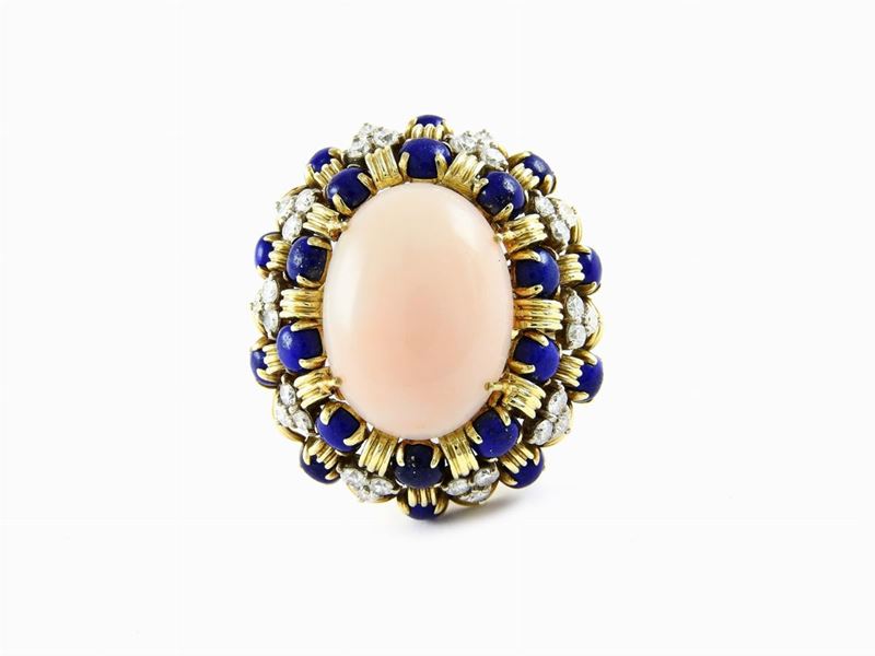 Anello a Margherita in Oro Giallo e Bianco con Diamanti, Lapislazzuli e Corallo Rosa