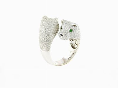 Anello Animalier in Oro Bianco, Diamanti e Smeraldi
