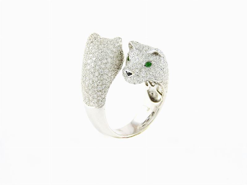 Anello Animalier in Oro Bianco, Diamanti e Smeraldi