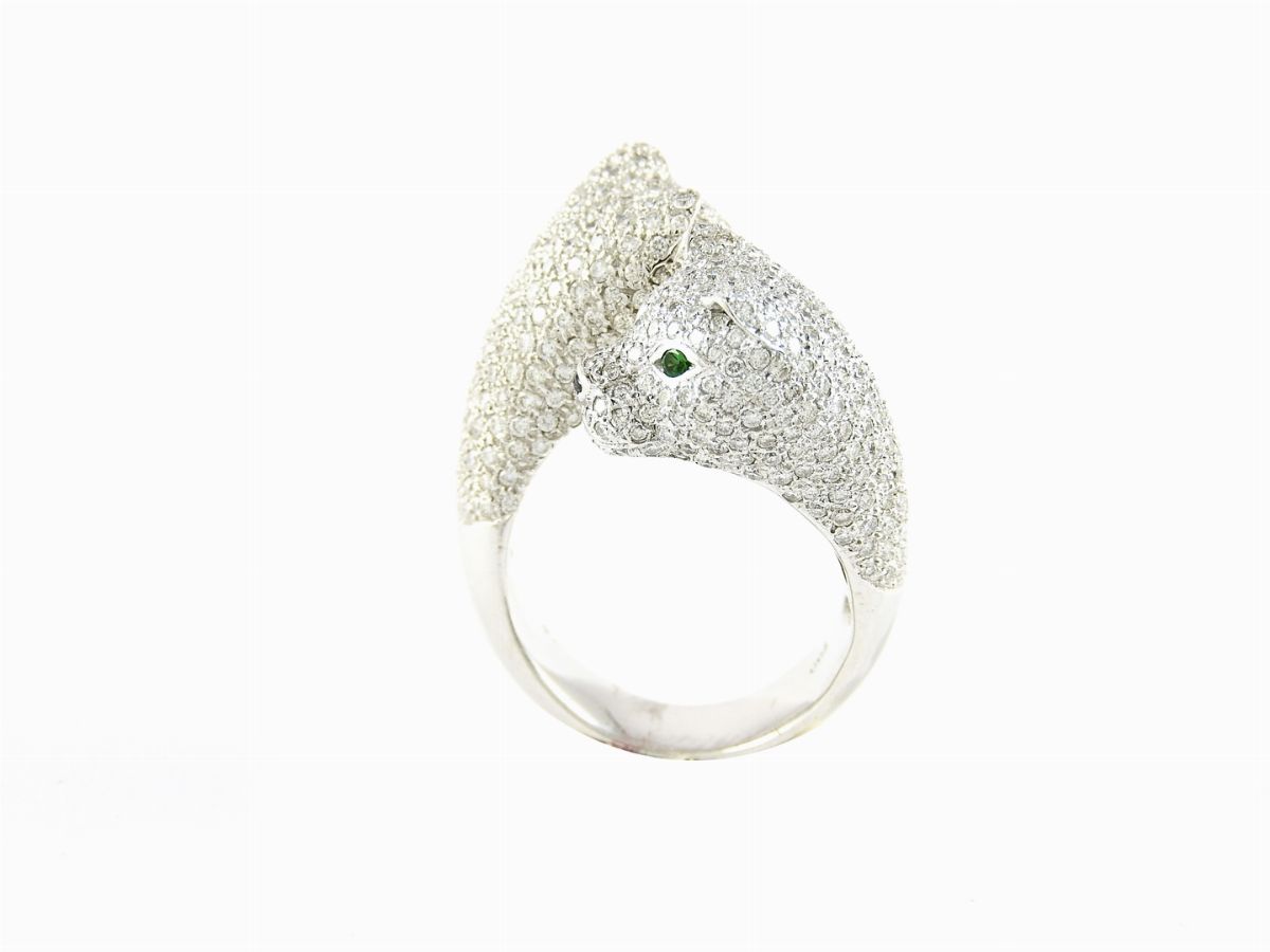 Anello Animalier in Oro Bianco, Diamanti e Smeraldi