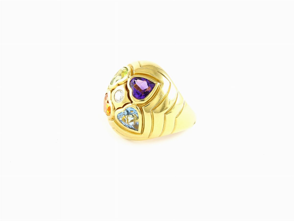 Anello Bulgari in Oro Giallo, Diamante e Pietre Semipreziose